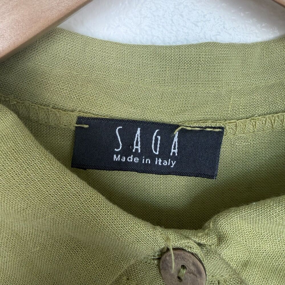 SAGA Green Linen Shirt Dress Pockets OS Lagenlook Long Sleeve Italy Made - Picture 8 of 14